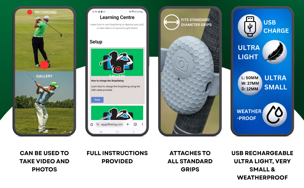 Series of mobile app interface screens showing various icons and UI elements. Text includes 'Take video and photos', 'Process', 'All standard views'.