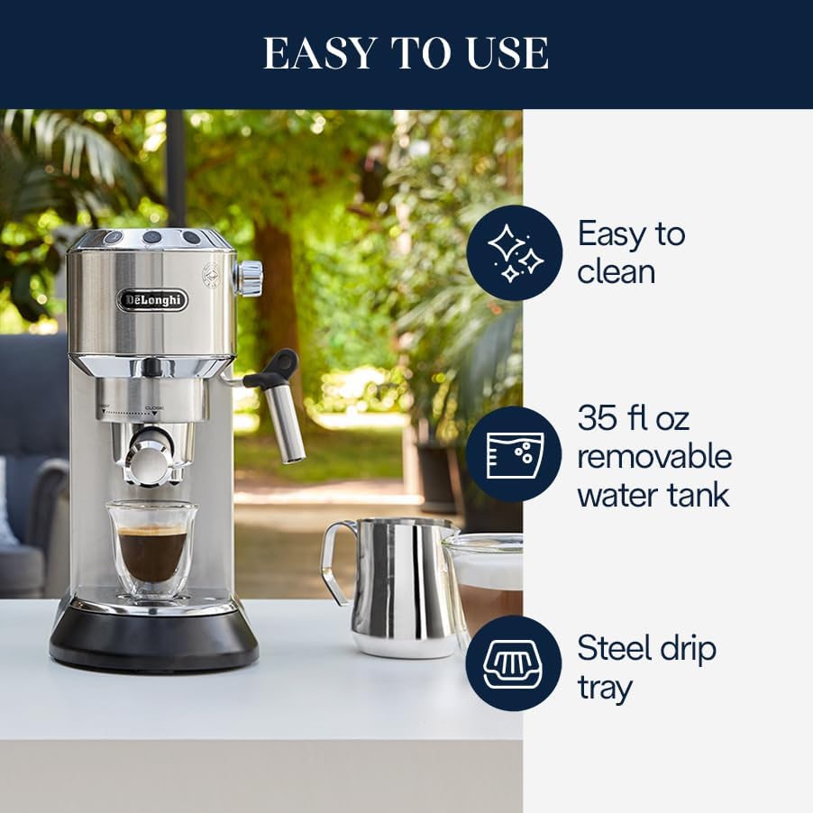 De'Longhi Dedica Espresso Machine, 15-Bar Pump, Frother, Stainless Steel | #1 Worldwide Espresso Machine Maker, Rapid Heat-Up, Frother, Compact Design, Easy to Clean