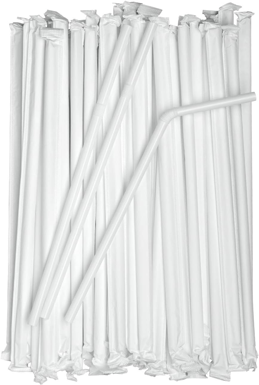 Comfy Package Individually Wrapped Disposable Plastic Flexible Drinking Straws - BPA Free - White [380 Pack]