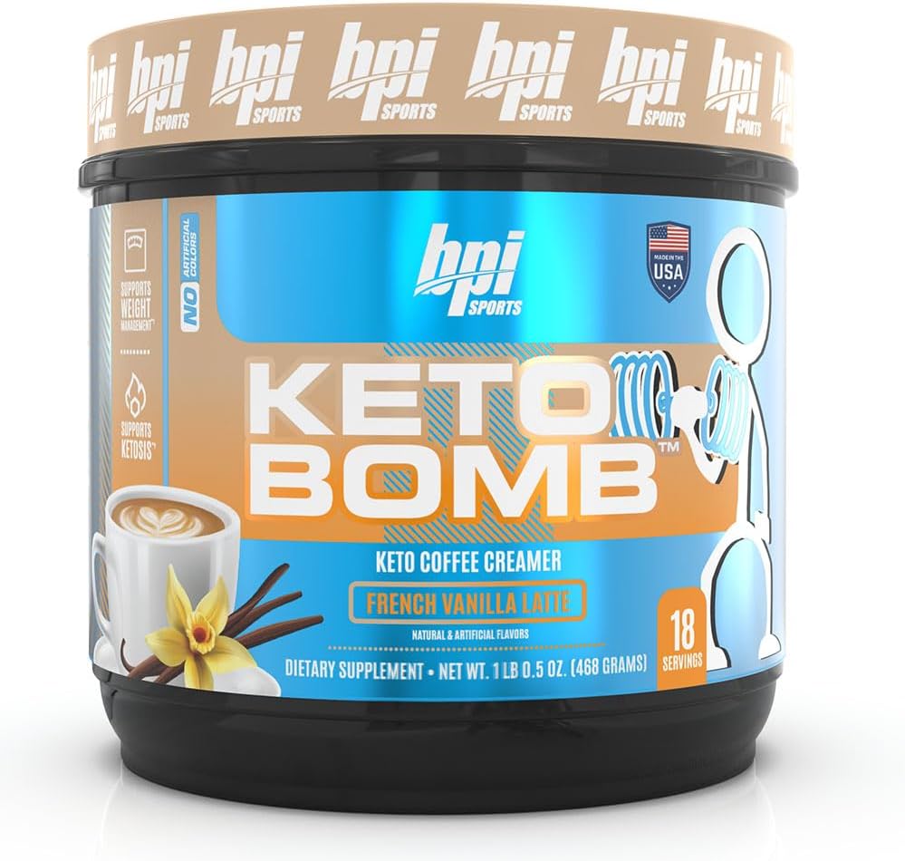 BPI Sports Keto Bomb Coffee Creamer - Supports Energy and Hydration - MCT and Electrolytes - with Calcium - Caramel Macchiato, 18 Servings