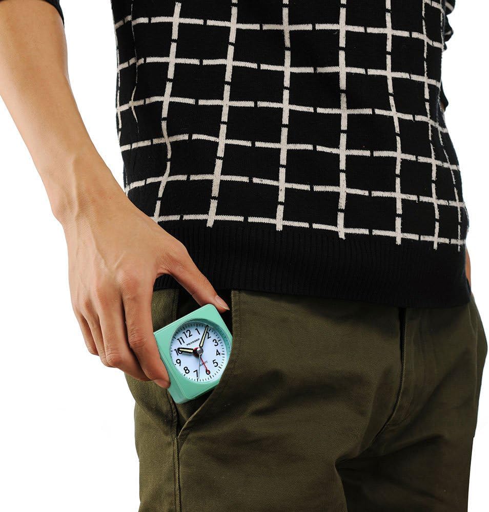 Peakeep Ultra Small, Battery Travel Alarm Clock with Snooze and Light | Silent No Ticking Analog Quartz Clock (Aquamarine)