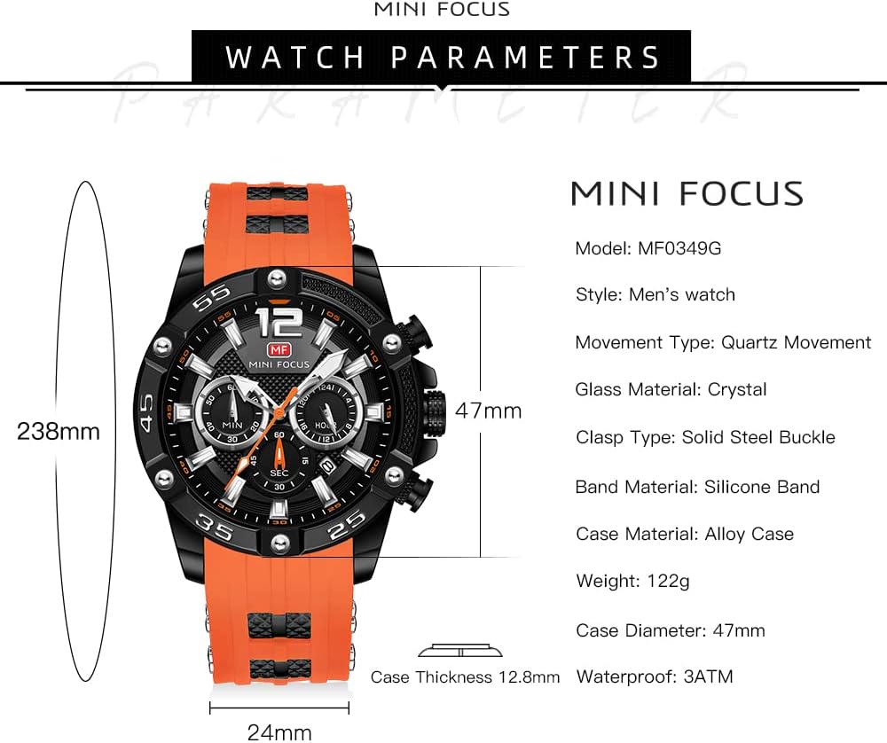 MF MINI FOCUS Men Watch, Chronograph Waterproof Sport Analog Quartz Watches Blue Silicon Strap Fashion Wristwatch for Men