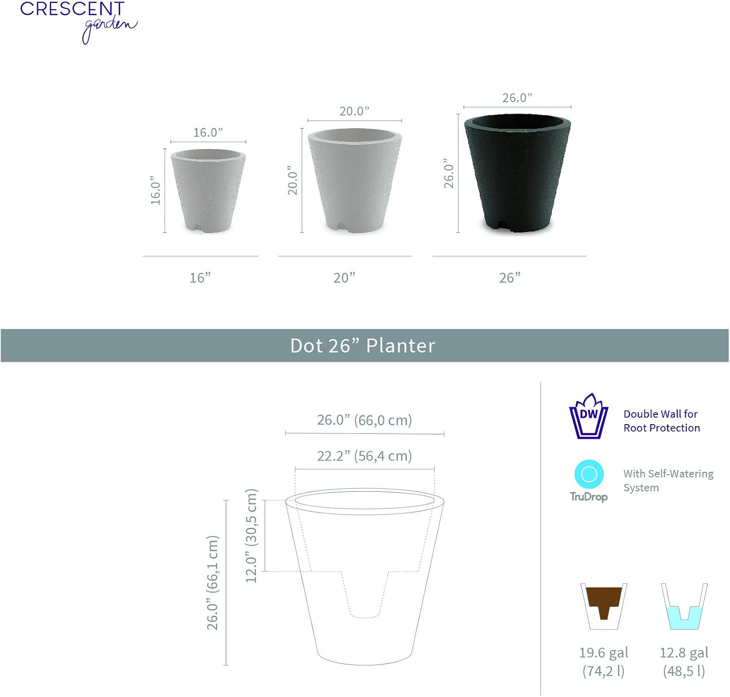 Crescent Garden Dot TruDrop Indoor/Outdoor Planter, Self-Watering Plant Pot, 20 Inches, (Mocha)