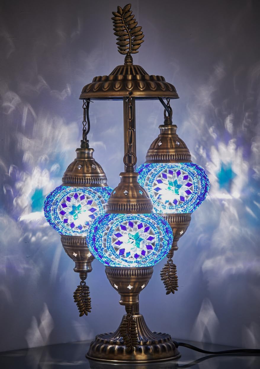 DEMMEX 3-Globe Turkish Moroccan Table Lamp, Tiffany Mosaic Glass Bedside Night Light, Handmade Colorful Mosaic Glass Globes & Antique Brass Finish Base, 21" H, Multicolor