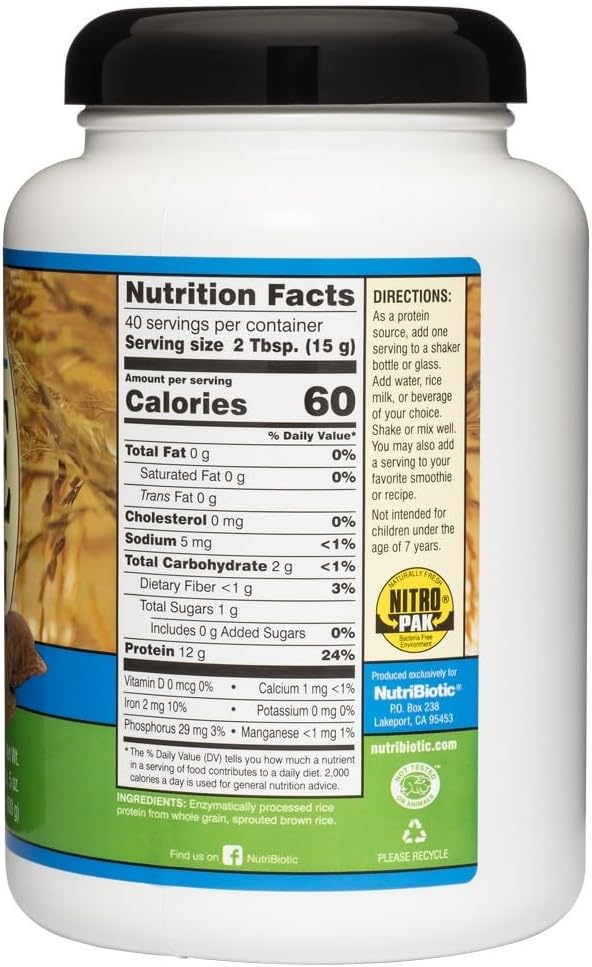 NutriBiotic – Plain Rice Protein, 1 Lb 5 oz (600g) - Low Carb, Keto-Friendly, Vegan, Raw Protein Powder - Grown & Processed Without Chemicals, GMOs or Gluten - Easy to Digest & Nutrient-Rich