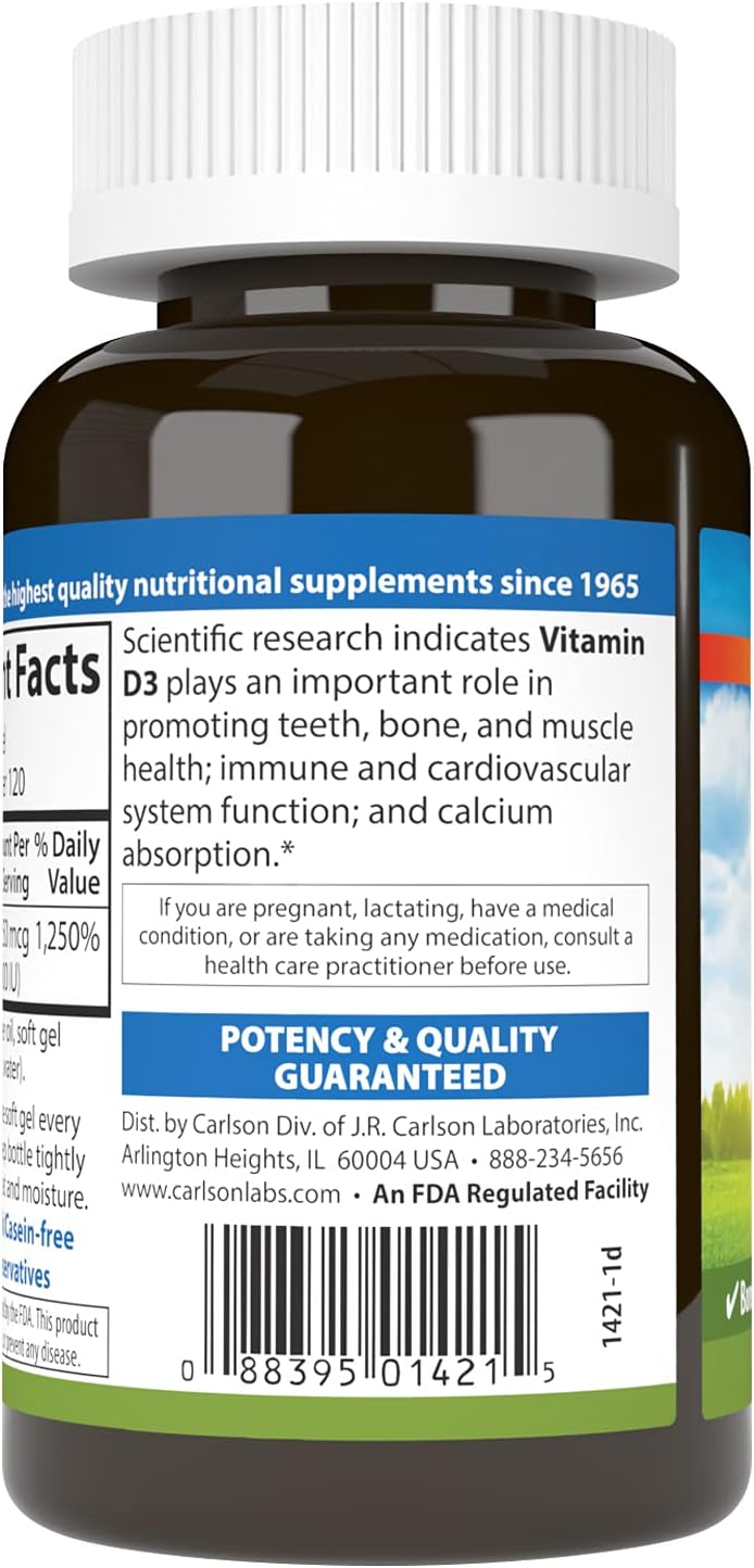 Carlson Vitamin D3 10000 IU (250 mcg), Bone Health, 120 Softgels | Muscle Health; Cholecalciferol; Vitamin D Supplements; Vitamin D3 Soft Gels