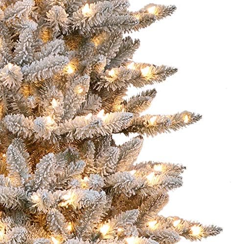 Puleo International 7.5 Foot Pre-Lit Slim Flocked Fraser Fir Artificial Christmas Tree with 500 UL Listed Clear Lights