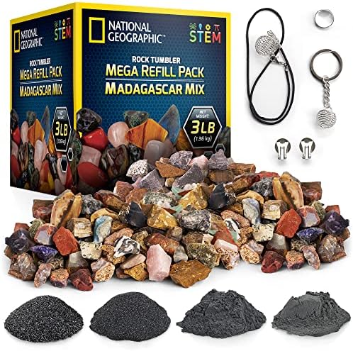 National Geographic Rock Tumbler Refill Kit with 3 Lbs. Rough Gems | 3 Lbs. Rough Gemstones, Amethyst and Quartz, 4-Stage Grit, Jewelry Accessories, Rock Polishing Supplies