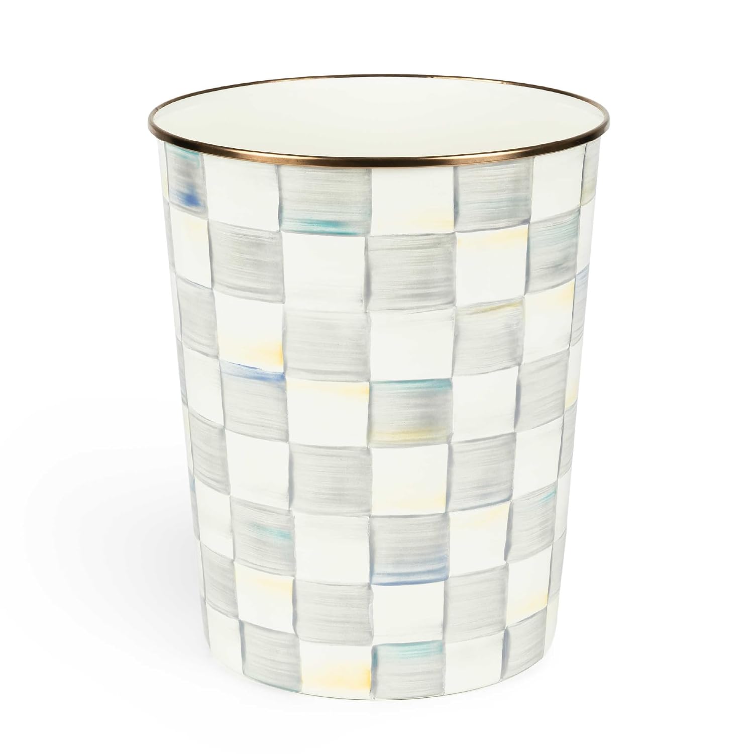 MACKENZIE-CHILDS Waste Bin, Black-and-White Courtly Check | Hand-painted design, made from enameled steel, decorative bedroom or bathroom trash can, 8" dia. x 9.5" H
