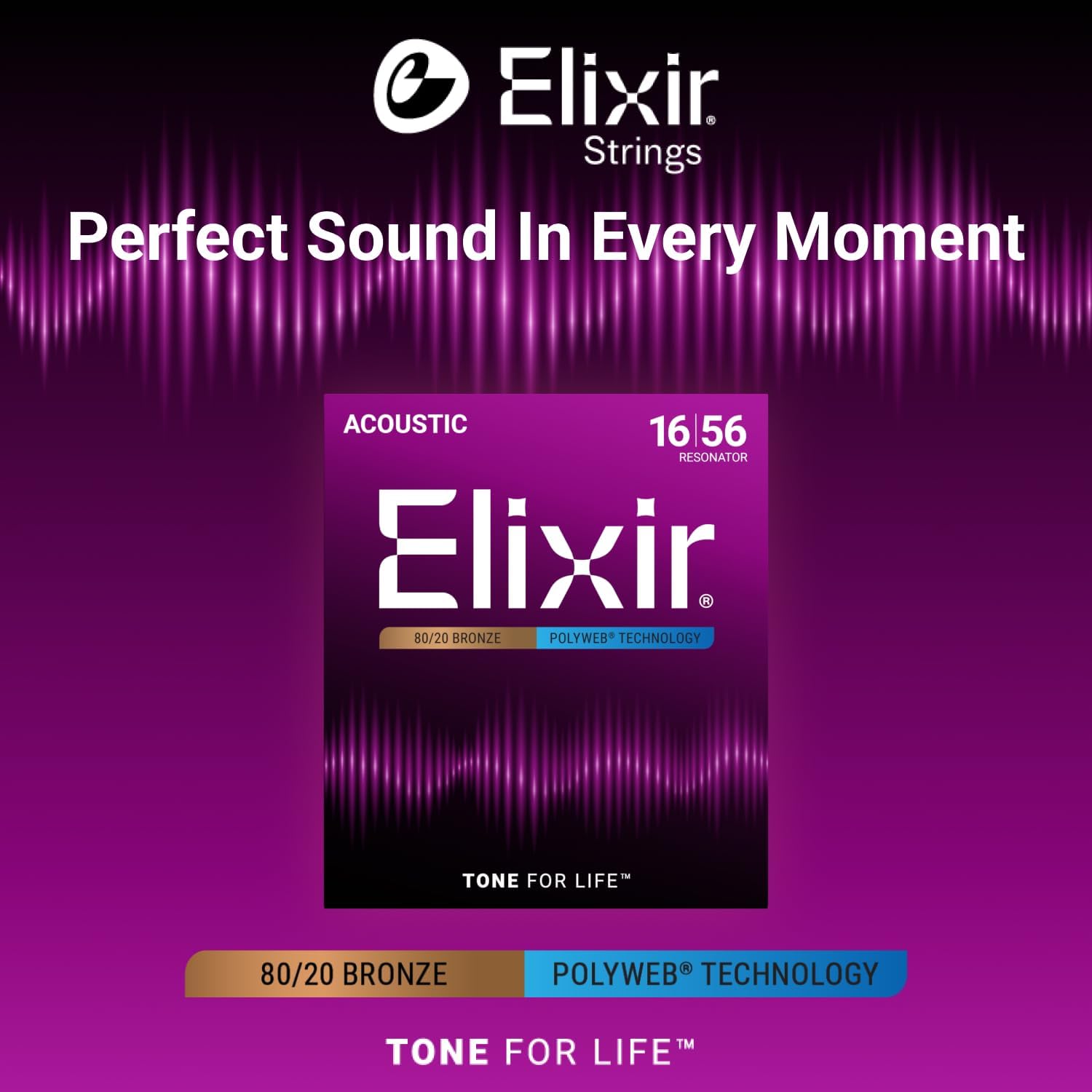 Elixir Strings, Acoustic Guitar Strings, 80/20 Bronze with POLYWEB Technology, Longest-Lasting Warm Tone with Comfortable Feel, 6 String Set
