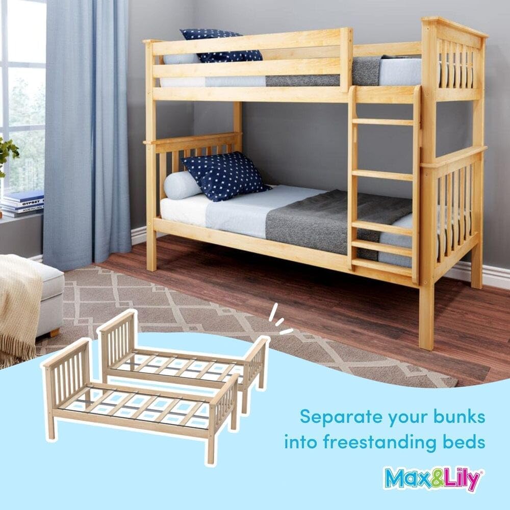Max & Lily Bunk Bed Twin over Twin, Solid Wood Bunk Bed Frame with Ladder for Kids, 14" Safety Guardrails, Easy Assembly, No Box Spring Needed, White