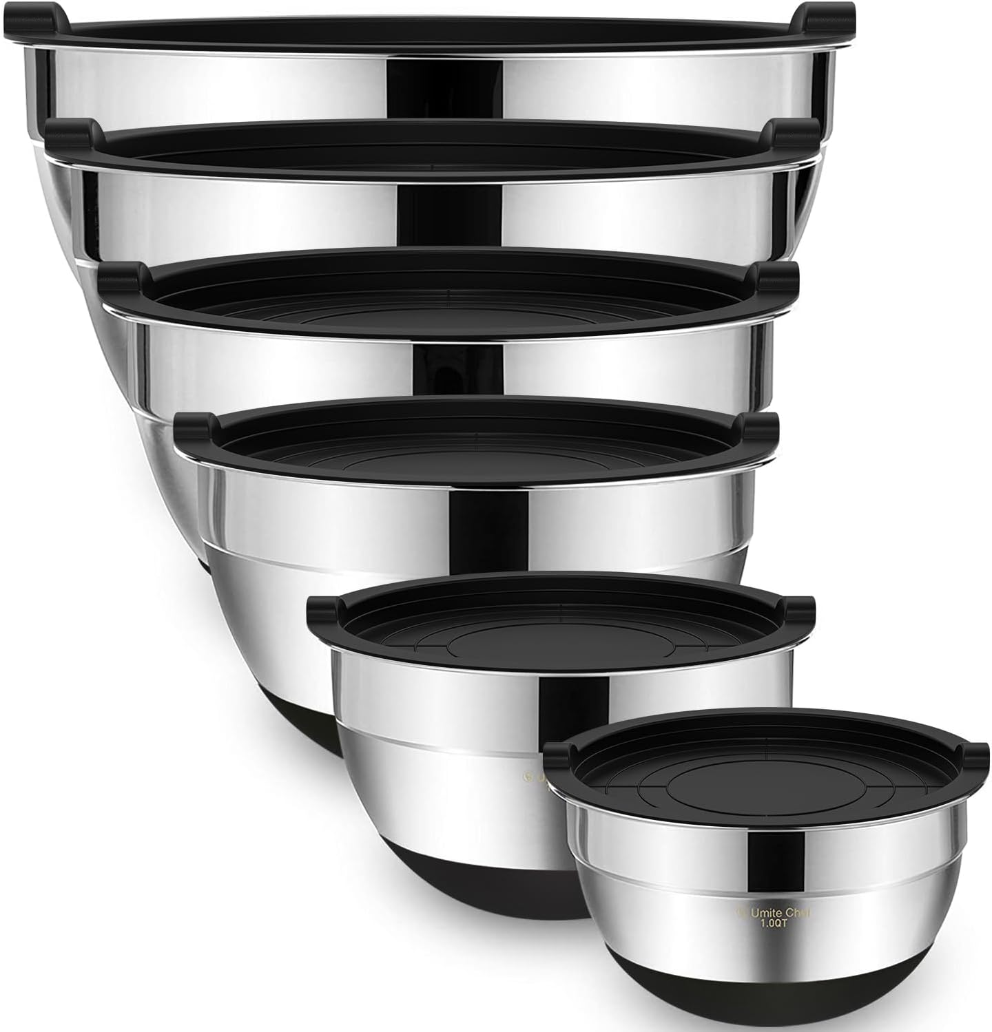 Umite Chef Mixing Bowls with Airtight Lids, 6 Piece Stainless Steel Metal Bowls, Measurement Marks & Colorful Non-Slip Bottoms Size 7, 3.5, 2.5, 2.0,1.5, 1QT, Great for Mixing & Serving