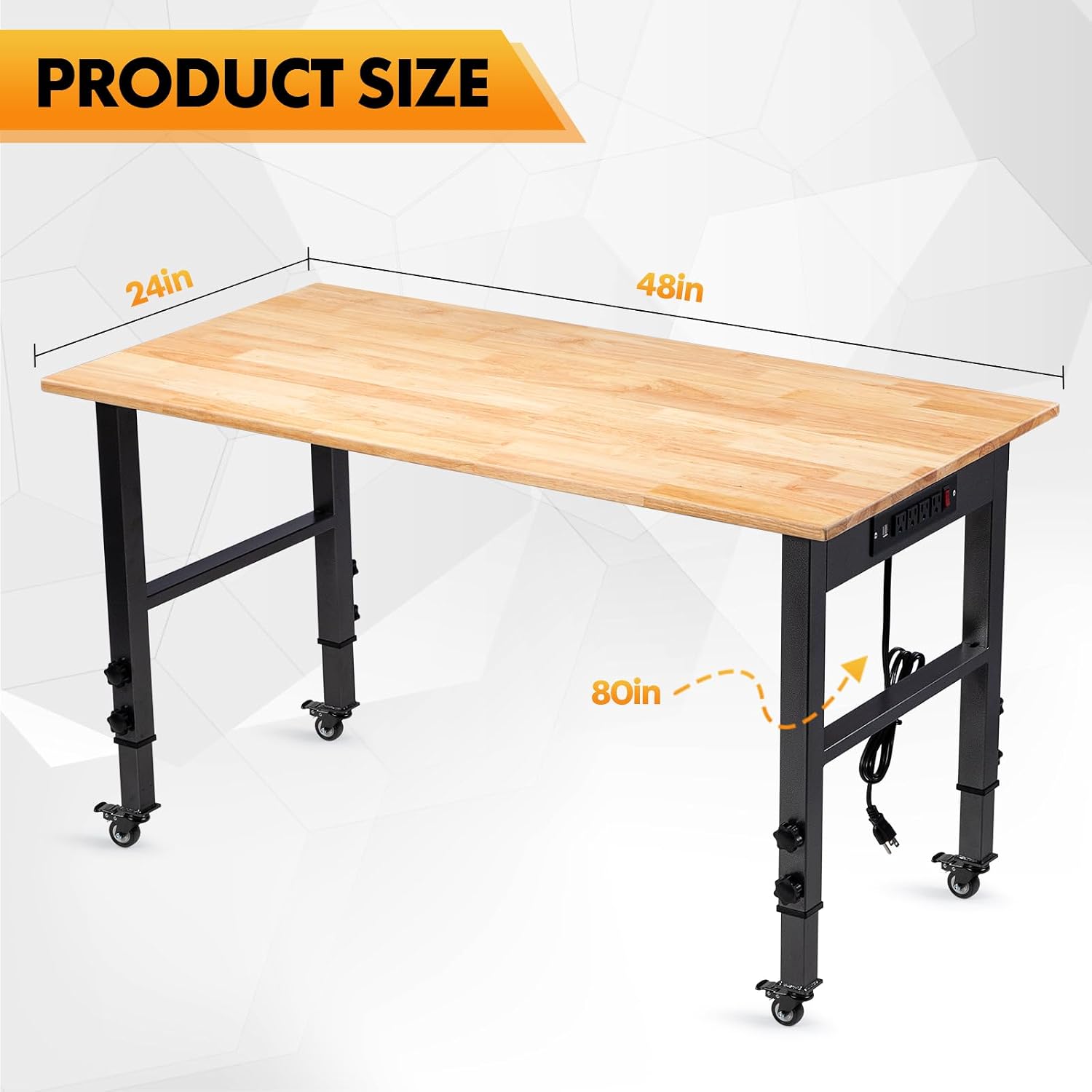 48" Adjustable Workbench, Work Table with Wheels and Power Outlet | 2000LBS Load Capacity Rubber Wood Top Workstation, Heavy-Duty Craft Table for Garage Workshop