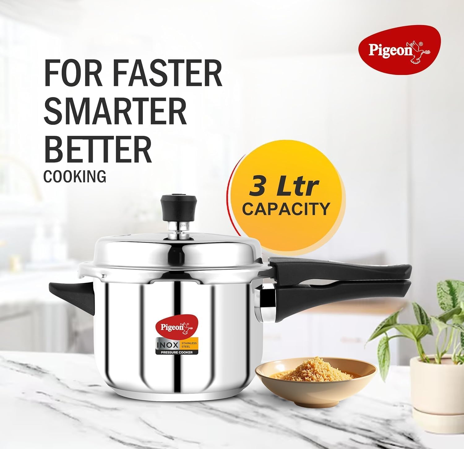 Pigeon Pressure Cooker - 3 Quart - Inox Stainless Steel Outer Lid Induction Base - Cook delicious food in less time: soups, rice, legumes
