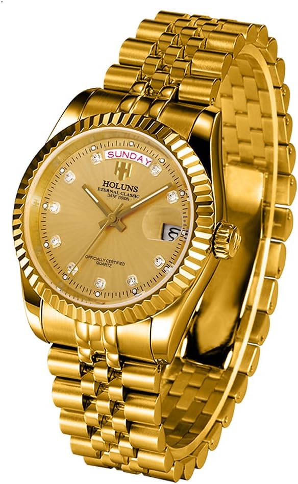 41MM Men's Gold Plated Stainless Steel Waterproof Quartz Watch Luxury Wristwatch with Date Week Display