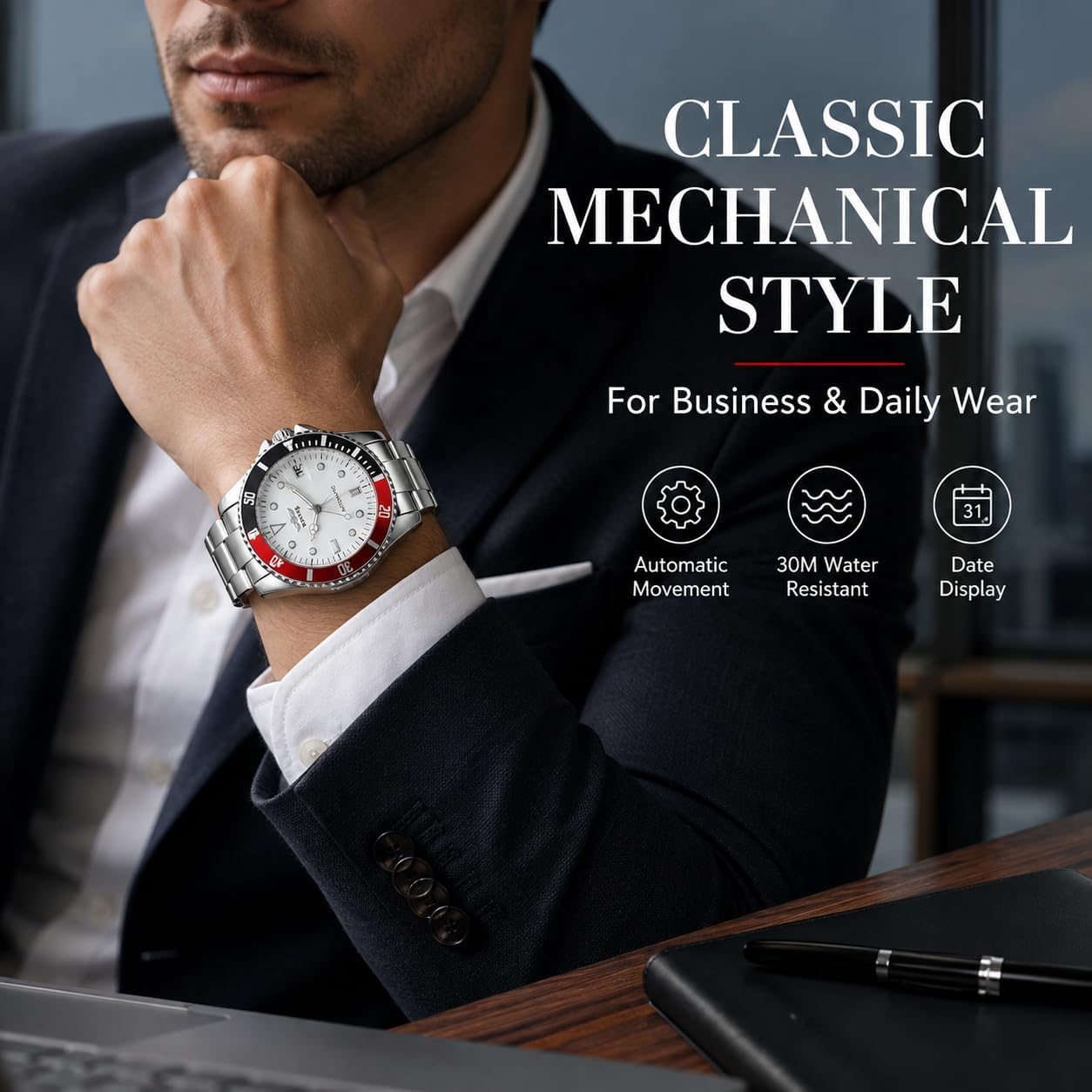 MASTOP Mens Automatic Mechanical Watches Stainless Steel Waterproof Luxury Watch for Men Reloj Automático para Hombre