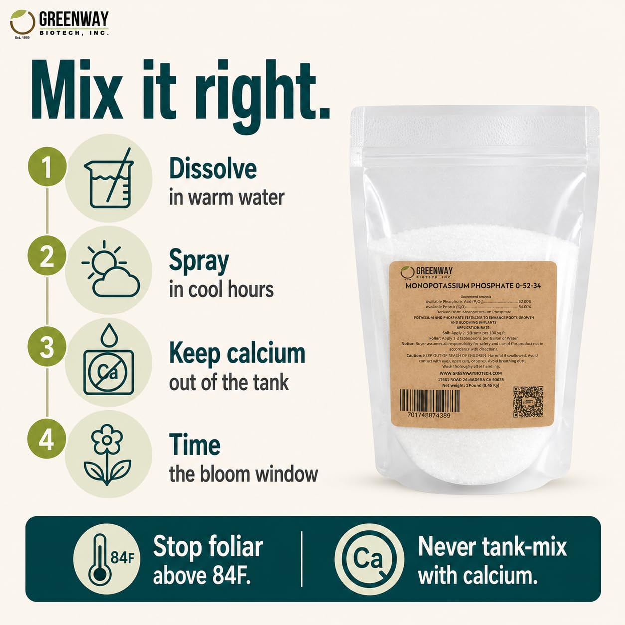 Greenway Biotech, Inc. Monopotassium Phosphate Fertilizer 0-52-34-100% Water Soluble Hydroponics for Root Strength - Increase Yield and Blooming - High Purity Plant Nutrient Formula - 2 Pounds