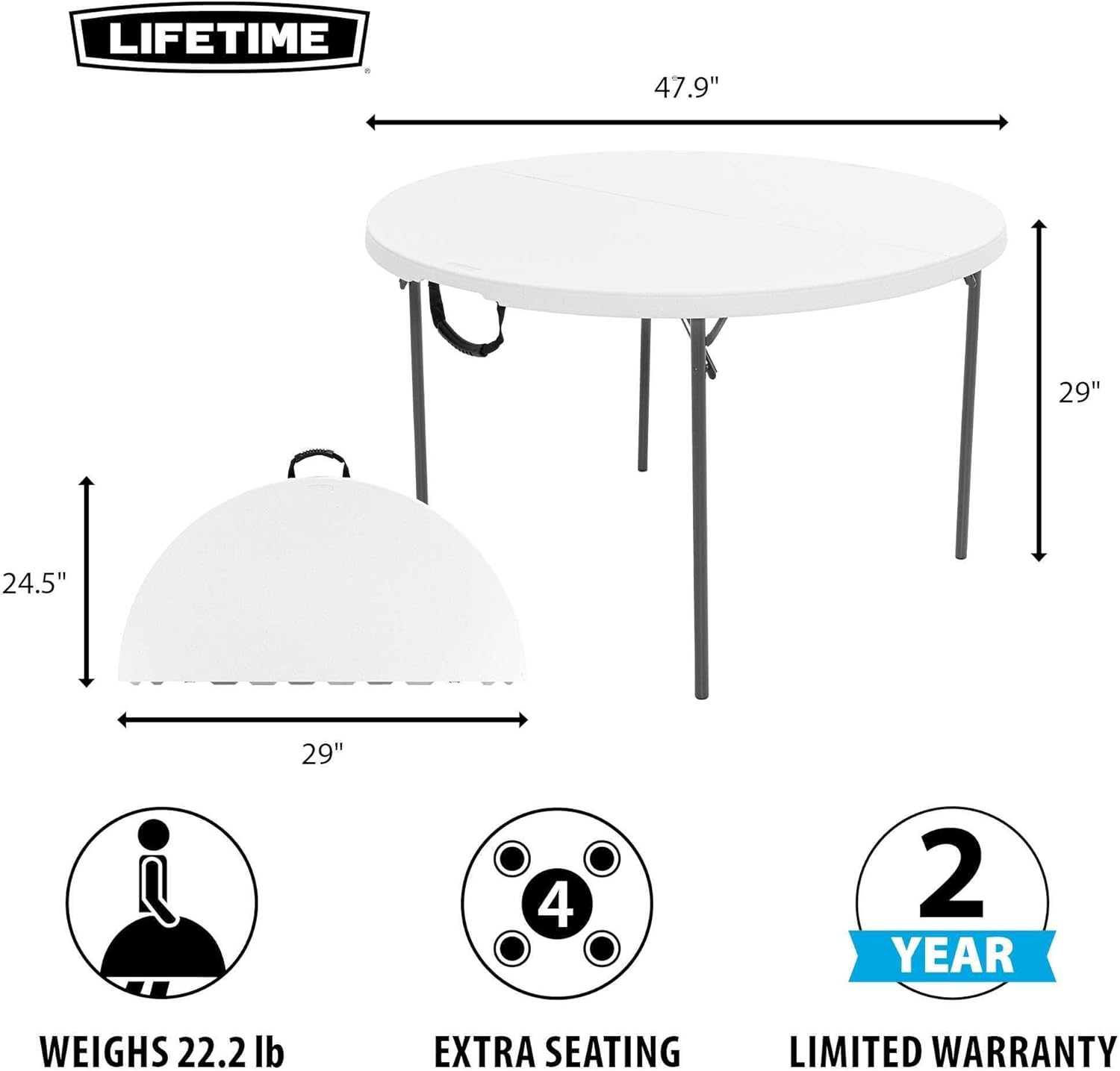 LIFETIME Light Commercial Fold-in-Half Round Table, 4-Foot