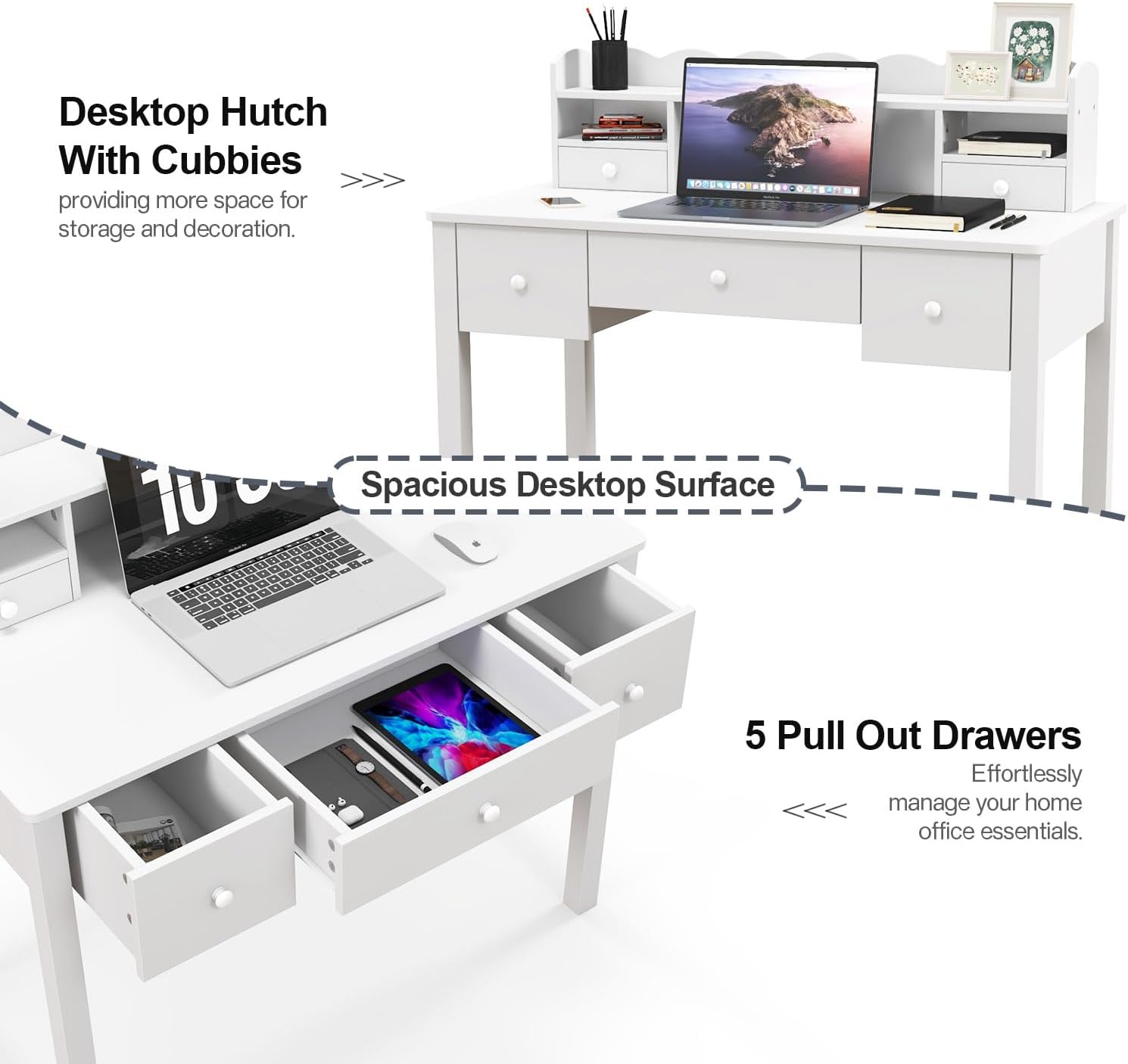 FUNKOCO Writing Desk with Hutch, 40" Small White Desk for Girls, 5 Drawers