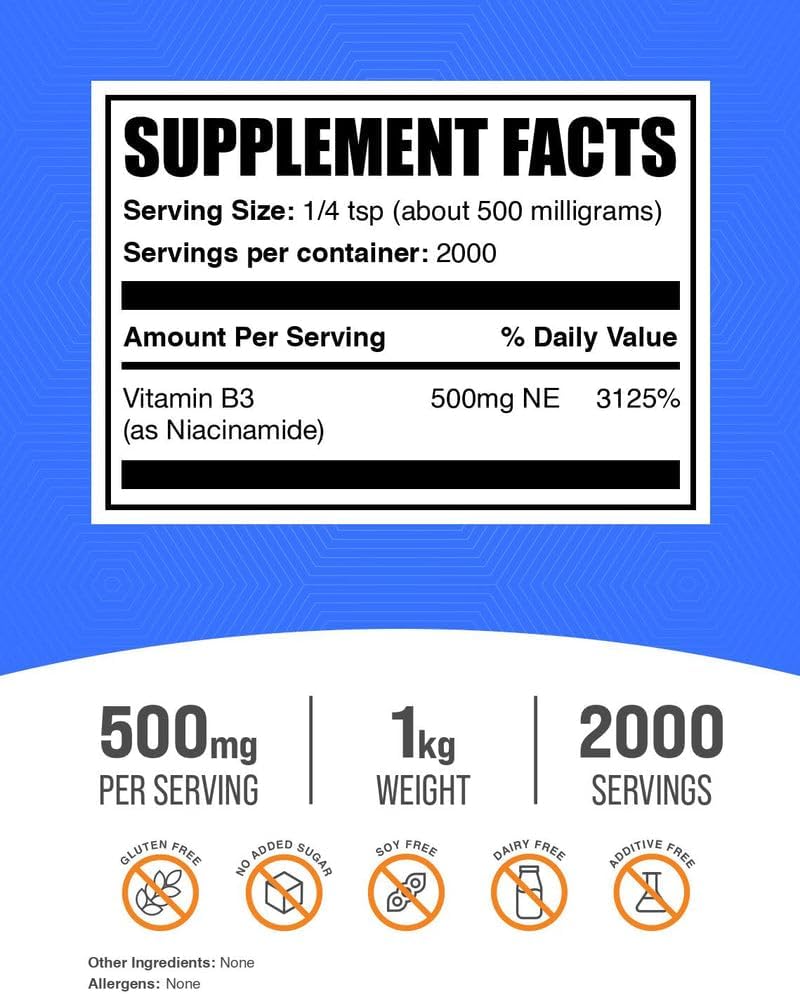 BulkSupplements.com Niacinamide Powder - Vitamin B3 Powder, Niacinamide Supplement, Niacinamide 500mg - B3 Vitamins for Skin, Gluten Free, 500mg per Serving, 1kg (2.2 lbs) (Pack of 1)