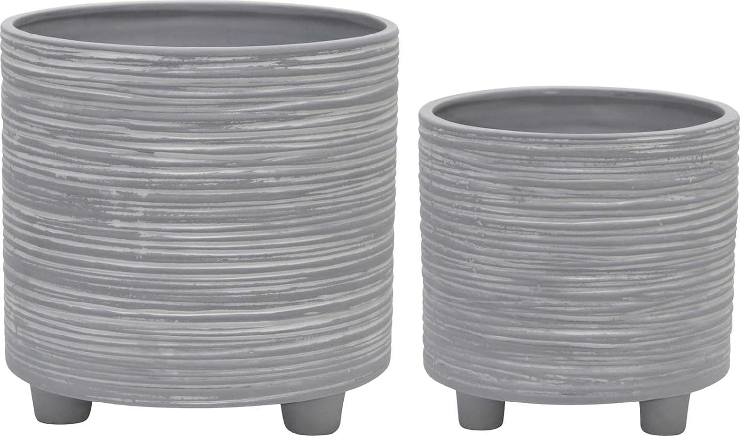 Set of 2 Footed Planters with Ridged Lines Accent – Ceramic Stoneware Outdoor & Indoor Plant Pot – Modern Garden & Home Decor Ceramic Planters