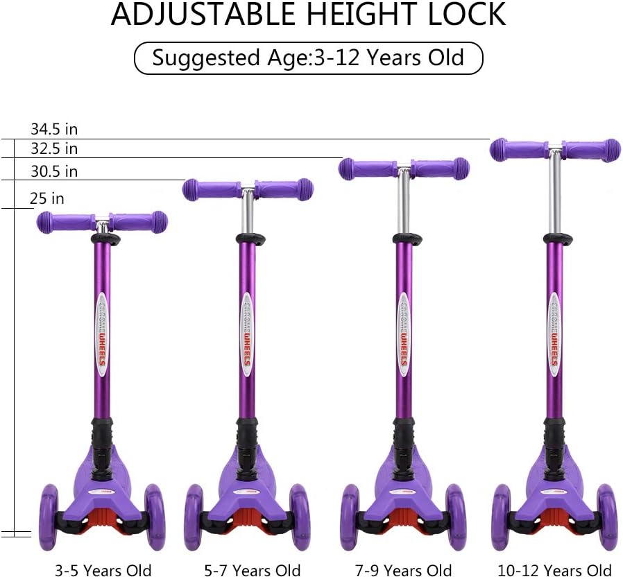ChromeWheels Foldable Scooters for Kids, Deluxe Kick Scooter 4 Adjustable Height 132lbs Weight Limit 3 Wheel, Lean to Steer LED Light Up Wheels