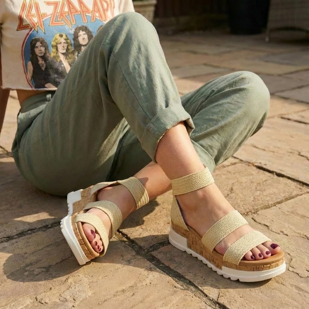 CUSHIONAIRE Naomi Cork Wedge Sandals for Women – Soft Stretch Straps Comfortable Platform Sandals for Women with Memory Foam Insole