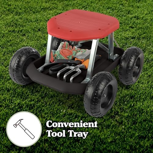 Pure Garden Rolling Garden Seat with Wheels and Tool Tray, Black/Green | Gardening Stool Garden Cart Scooter with Storage for Yard Tools