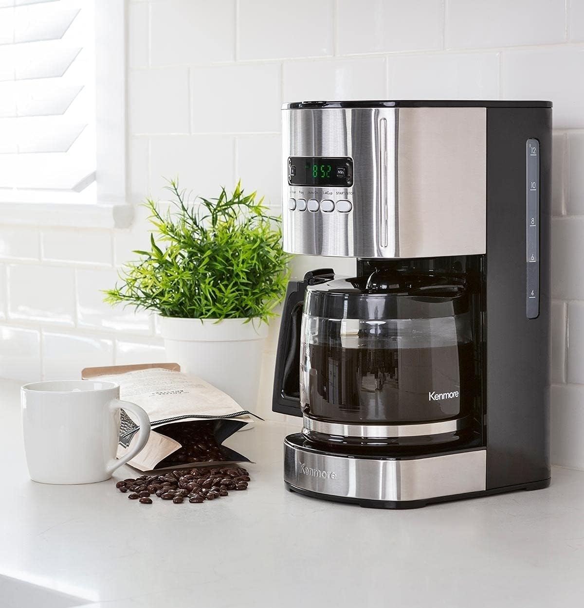 Kenmore Coffee Maker 12 cup Drip Coffee Machine Reusable Filter Programmable Timer Digital Display Aroma Control Glass Carafe Charcoal Water Filter