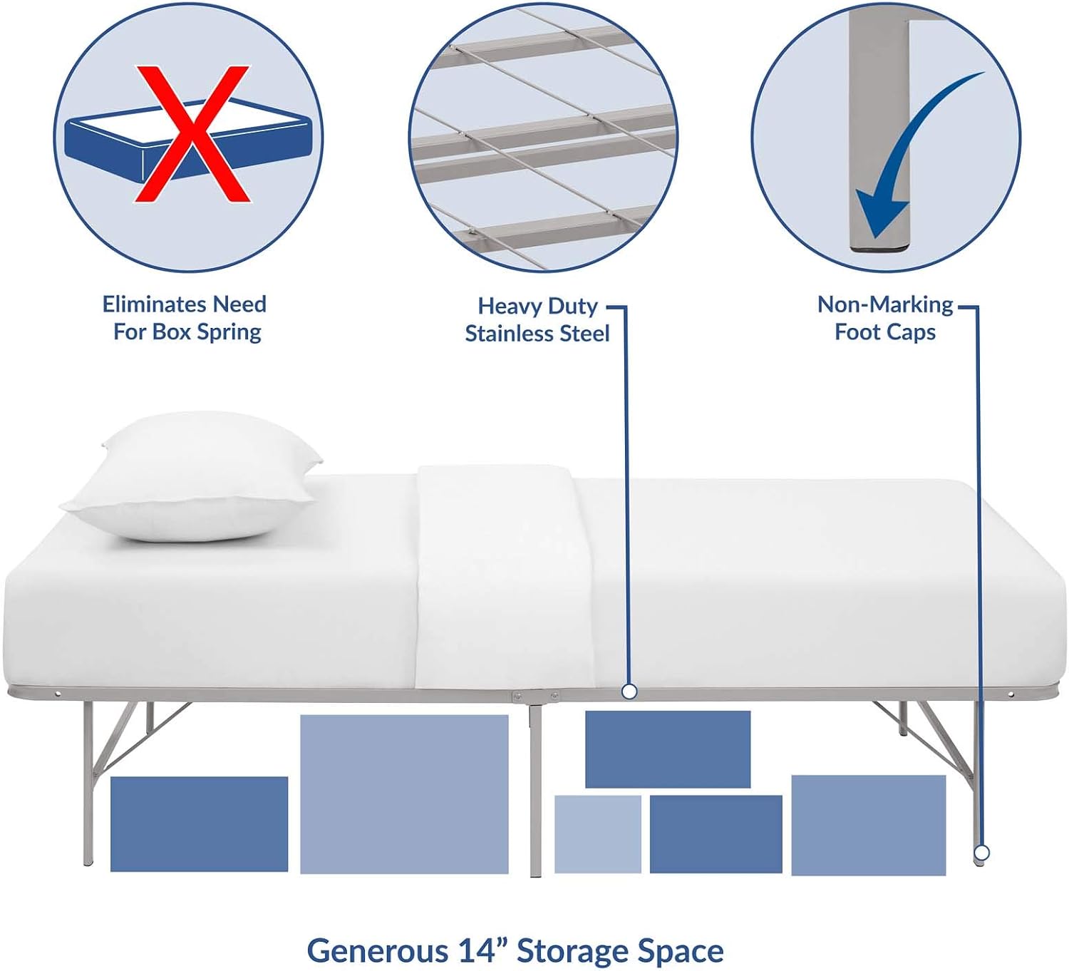Modway Horizon Queen Bed Frame In Gray - Replaces Box Spring - Folding Metal Mattress Bed Frame