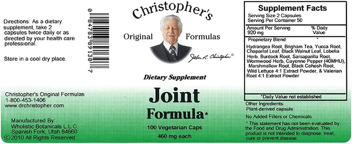 Christopher's Original Formulas Joint Formula – 100 Vegetarian Capsules – Synergistic Herbal Blend for Joint Support – Made in The USA