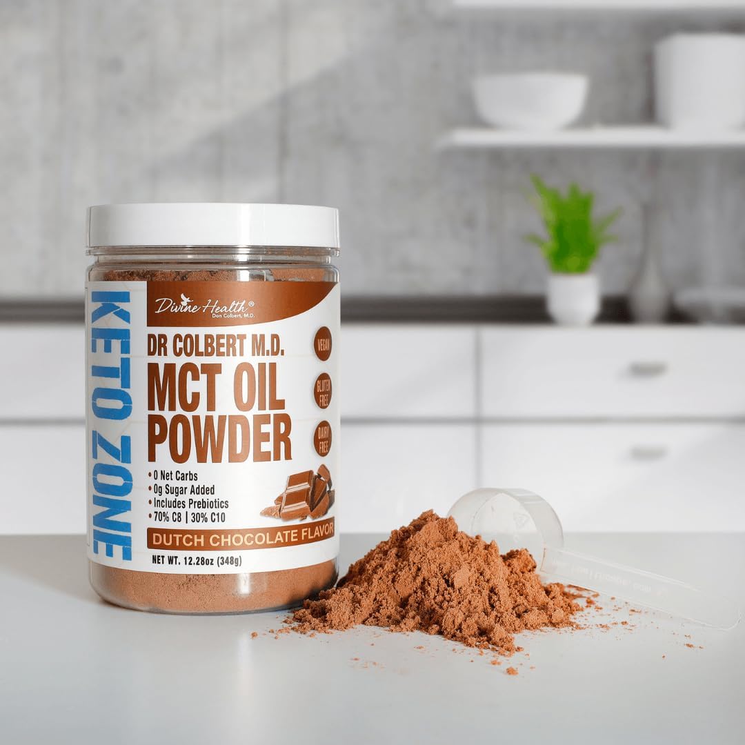 Dr. Colbert's MCT Oil Powder | Dutch Chocolate Flavor | by Divine Health | Keto Zone | 70% C8 | 30% C10 | 0 Net Carbs | Gluten Free | 30 Day Supply