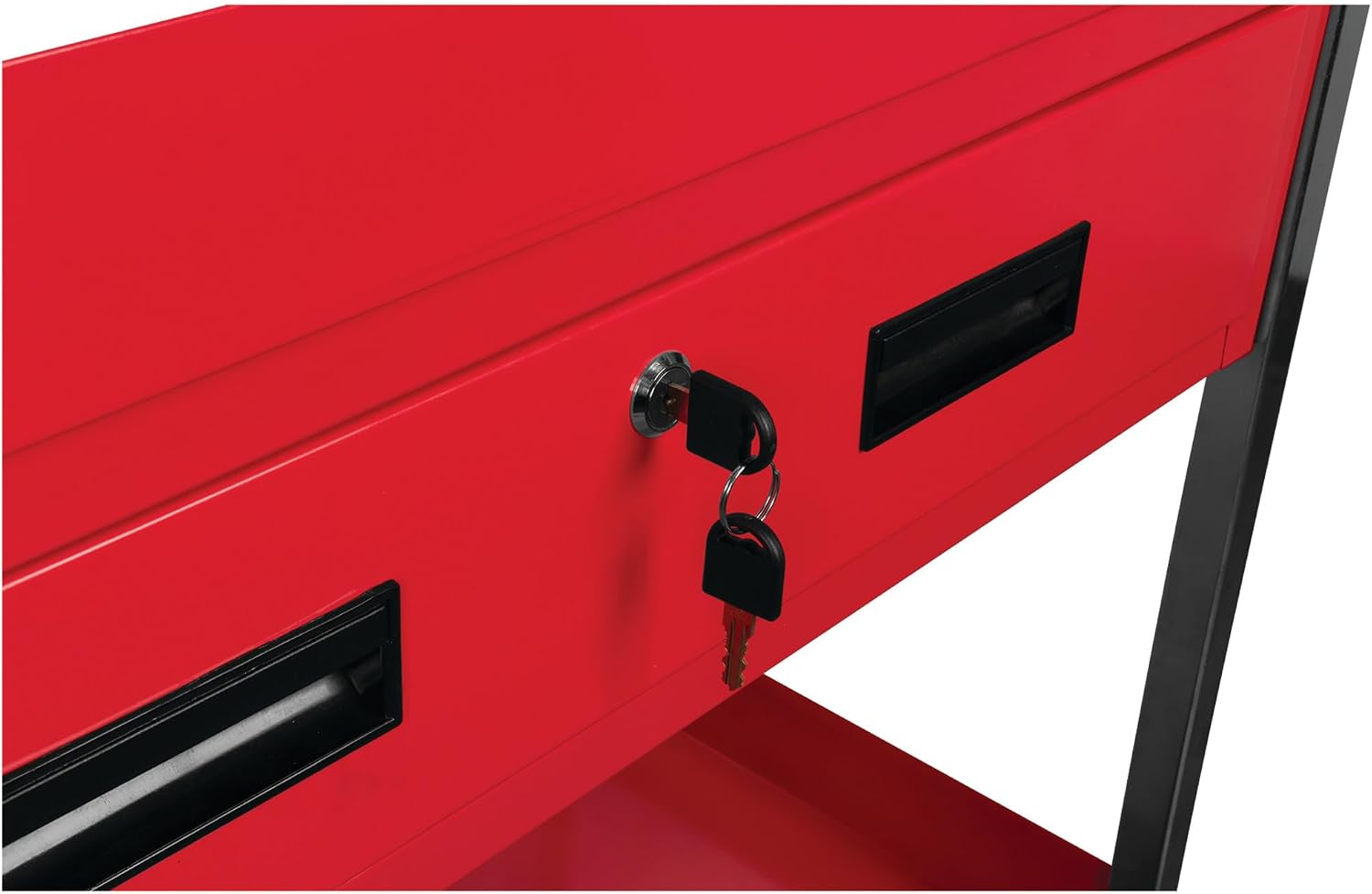 Performance Tool W54004 Two-Shelf Utility Cart with Locking Drawer | Red rolling tiered storage cart with wheels. 350 lb load capacity. Swivel casters. 28x16 inch deep shelves