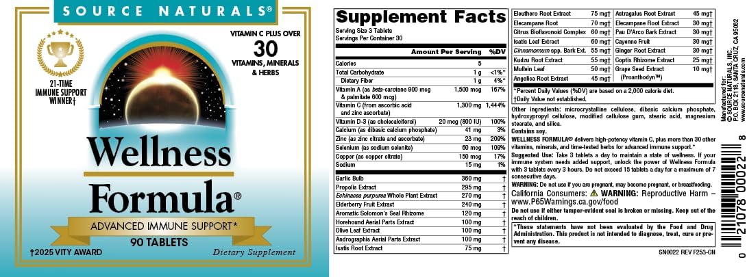 Source Naturals Wellness Formula, Advanced Immune Support* - 180 Tablets | Bio-Aligned Vitamins & Herbal Defense with Vitamin C Plus 30 other Vitamins, Minerals & Herbs for Immune System Support*