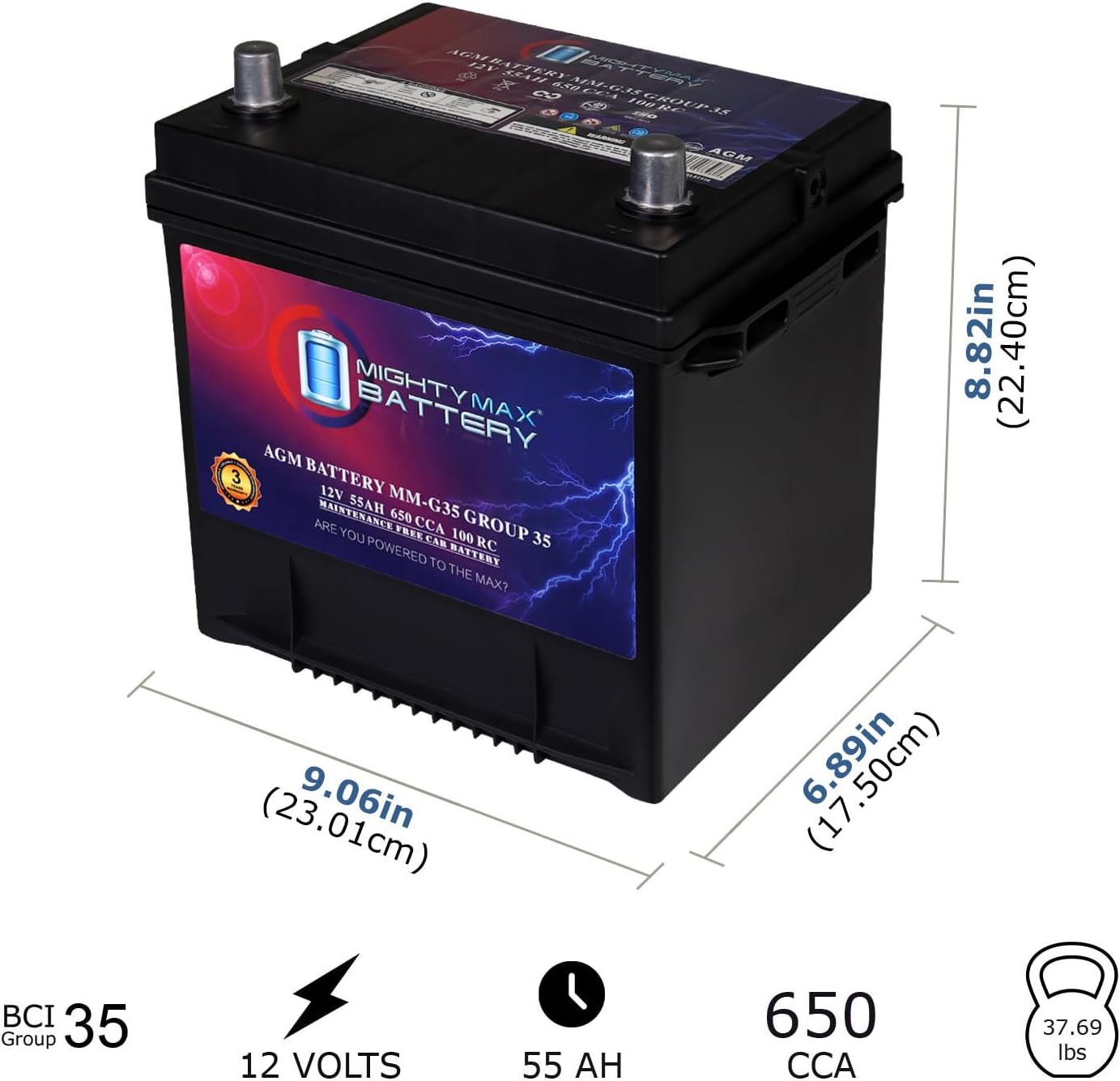 Mighty Max Battery MM-H8 Start and Stop Car BCI Group 49 12V 95Ah, 160RC, 900 CCA Rechargeable AGM Car Battery