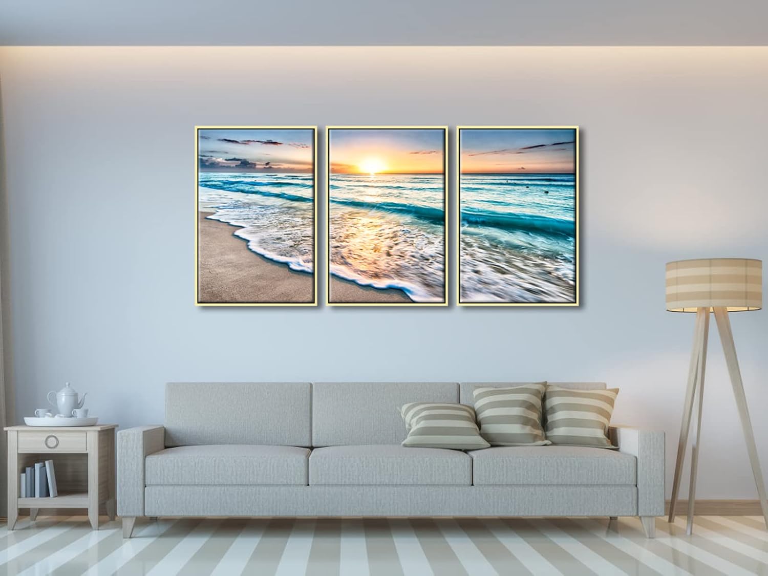 Wieco Art 3 Panel Blue Beach Canvas Wall Art for Home Decor Sunset White Wave Beach Pictures on Canvas Sea View Canvas Prints Artwork for Wall Decor
