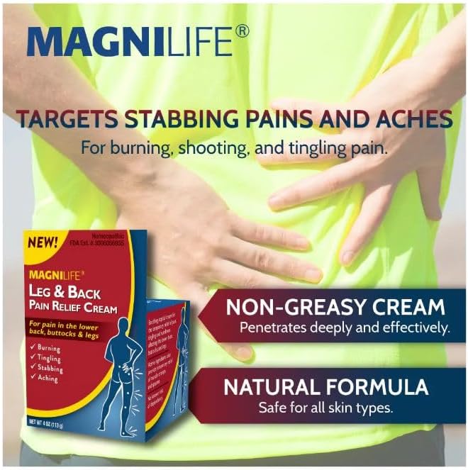 MagniLife Leg & Back Pain Relief Cream (4 oz), Topical Support for Leg Pain & Lower Back Discomfort, Fast Absorbing, No Residue, Mild Scent, Massage-in Formula