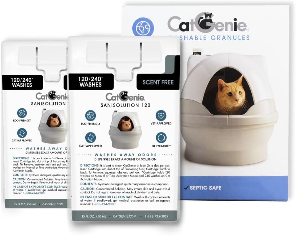 CatGenie 2+1 Supply Combo, 2 SaniSolution Cartridges + Washable Granules, Self Cleaning Cat Litter Box Refill Bundle, Compatible with CatGenie A.I, Fresh Scent