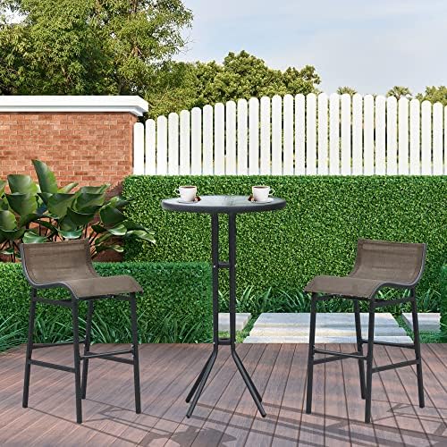 Outsunny 3 Piece Bar Height Outdoor Bistro Set for 2, Round, Tan | Patio Pub Table, 2 Chairs, Comfortable Design, Strong Build