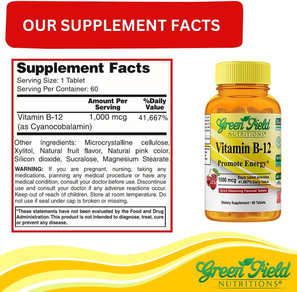 Greenfield Nutritions Halal Vitamin B12 1000mcg - Cherry Flavored Fast Absorption 60 Sublingual B12 Tablets - Natural B12 Halal Vitamins