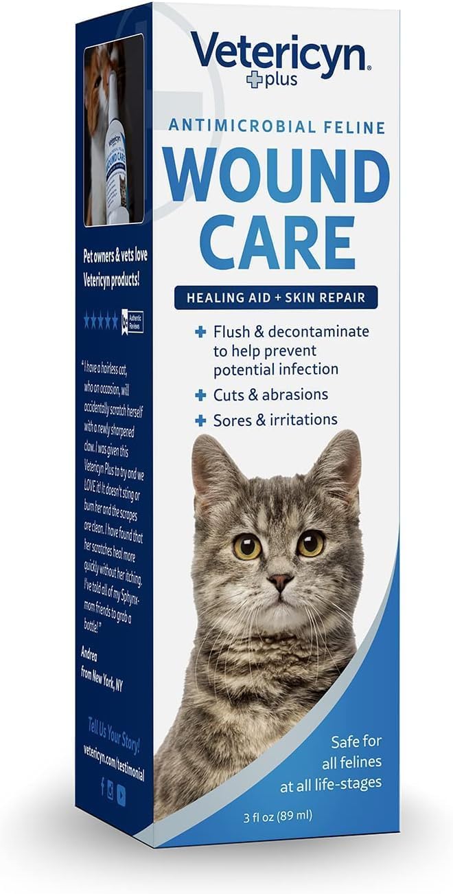 Vetericyn Plus Cat Wound Care Spray | Feline Healing Aid and Skin Repair for Wounds, Sores, and Abrasions, Provides Itch Relief for Cats Irritated Skin. 3 Ounces