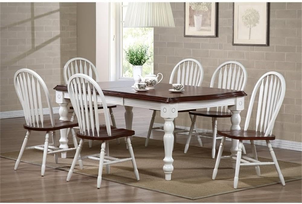 Sunset Trading Andrews Windsor Arrowback Dining Side Chair | Two Tone Antique White Chestnut Brown Solid Wood | Set of 2 Fully Assembled Sidechairs