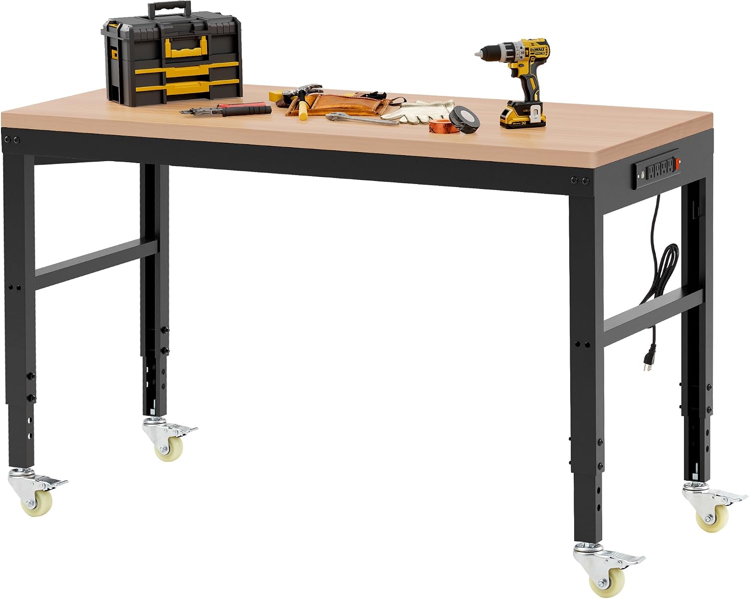 Antifir 60" Adjustable Workbench, Heavy Duty Wood Workstation | Garage Workbench, 2000 LBS Load Capacity, Work Table with Power Outlet and Foot Pads for Commercial, Workshop, Office, Home