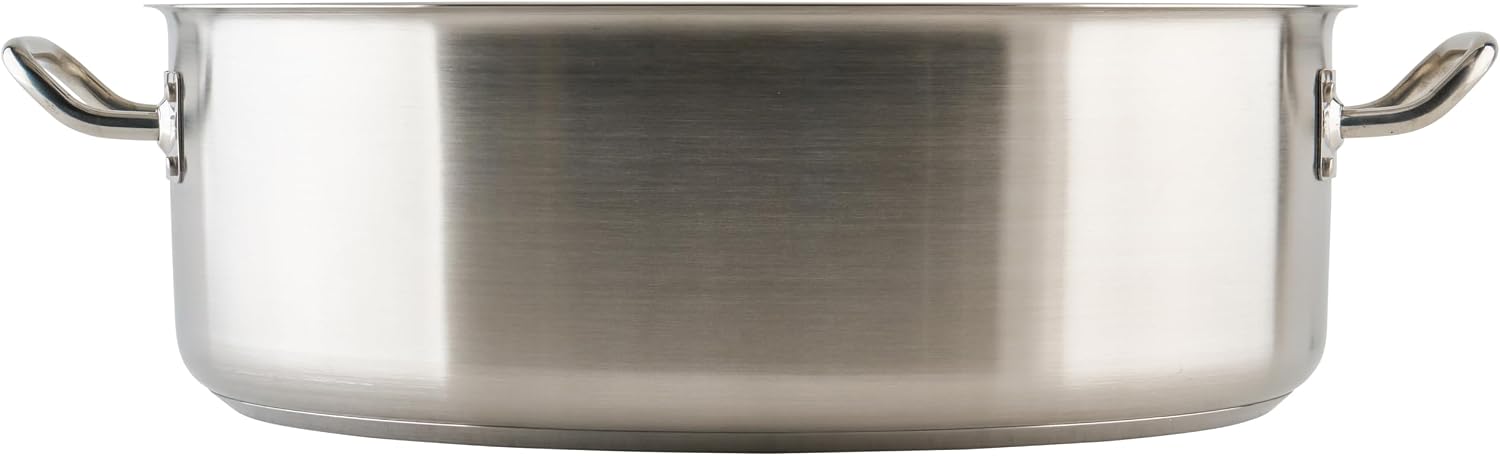 Winco 15 qt Stainless Steel Brazier Pan with Lid | Flat bottom, Wide base, Riveted handles, Induction safe, Great for Braising, Simmering, Batch Cooking and Restaurant Kitchens