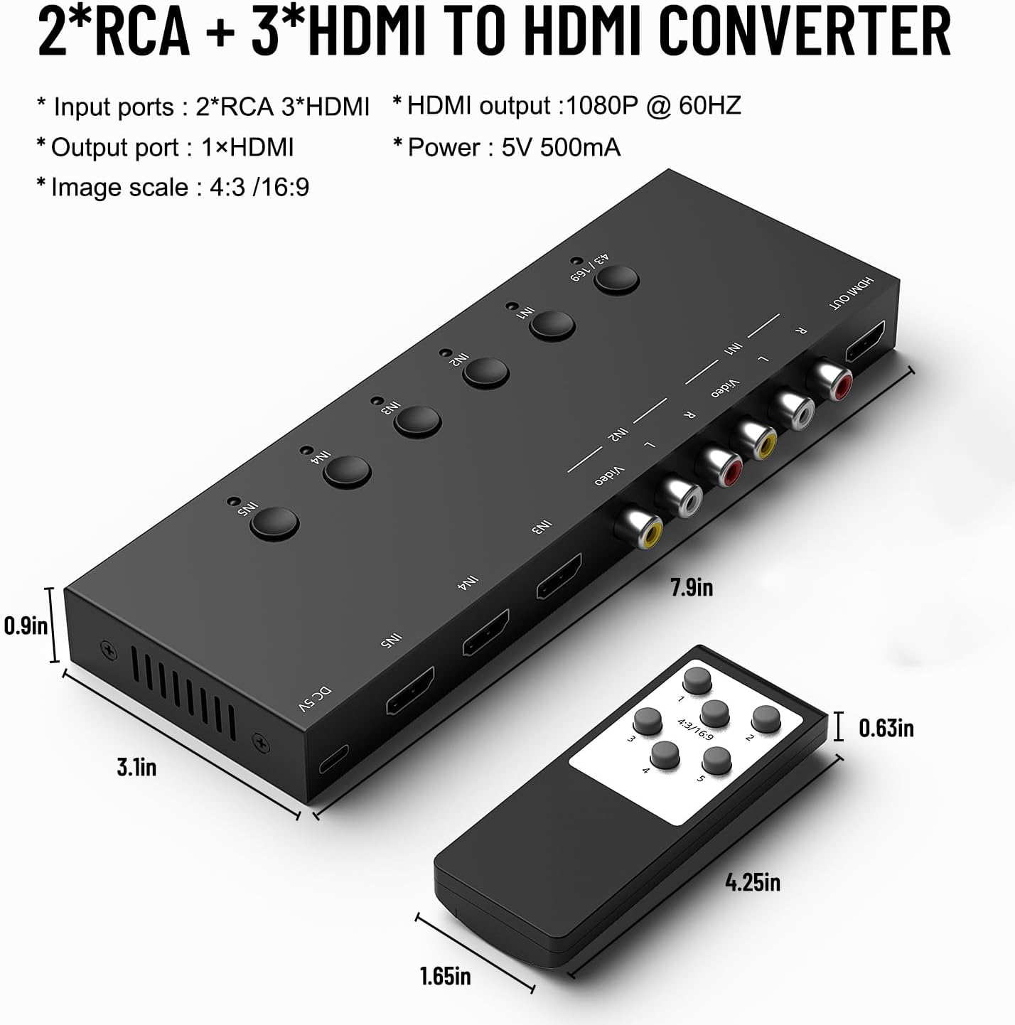 4Port AV to HDMI Converter, 4Port AV to HDMI Switcher with IR Remote