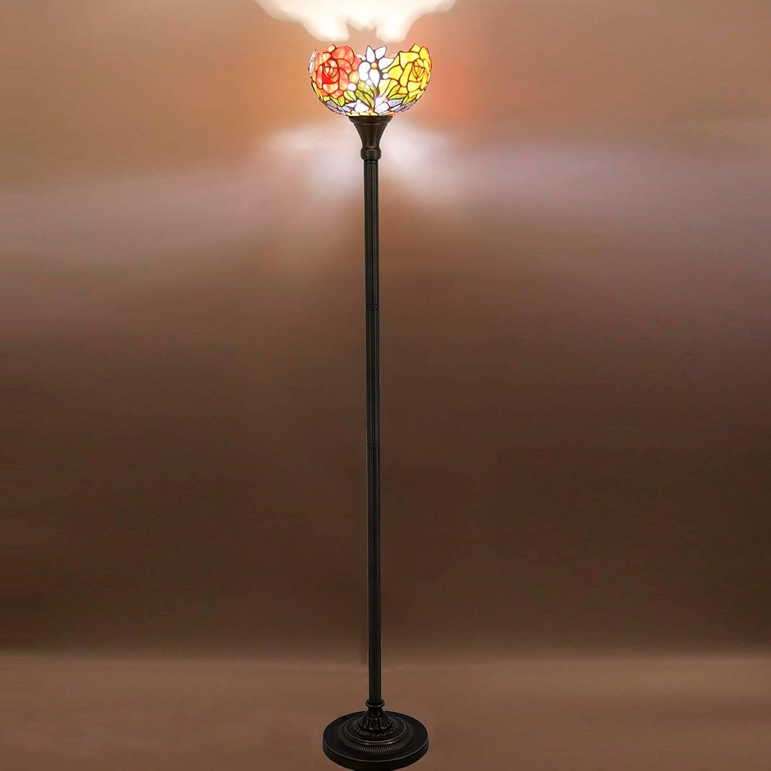WERFACTORY Tiffany Floor Lamp Red Rose Flower Stained Glass Light Torchiere | 10X10X71 Inches Pole Standing Corner Torch Uplight Decor Bedroom