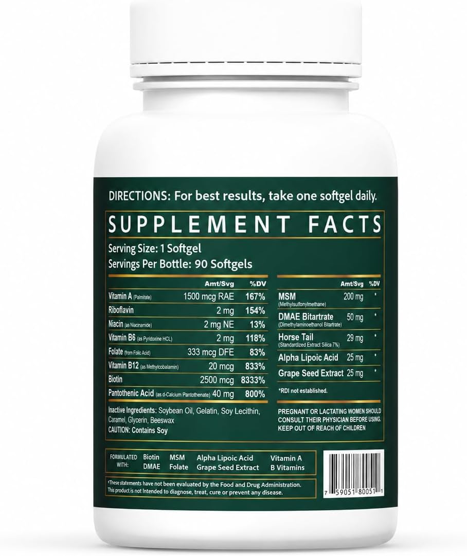 Wellgenix Purvana Hair Skin and Nails Supplement – 2500mcg Biotin Softgels with MSM & B-Complex – Daily Beauty Support for Stronger Nails & Hair Vitality – 90 Softgels | MSM, alpha lipoic acid & grape seed softgels for thicker-looking hair, stronger-look…