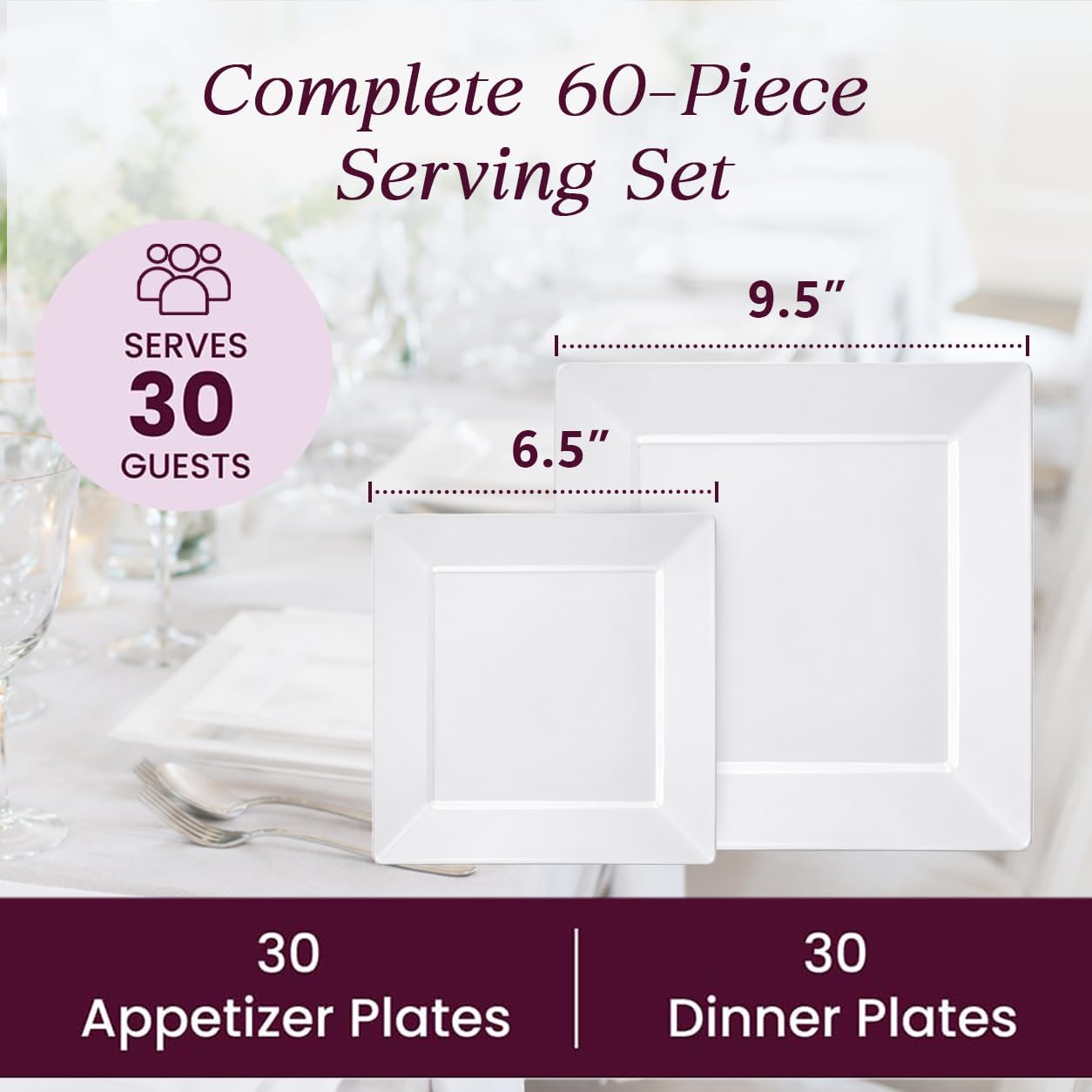 Aya's 60ct Square Plastic Disposable Plates, White - 9.5-Inch 30 Dinner and 6.5-Inch 30 Salad Plates for Party - Heavy-Duty Hard Plastic Design for Wedding, Event, Christmas, and Thanksgiving