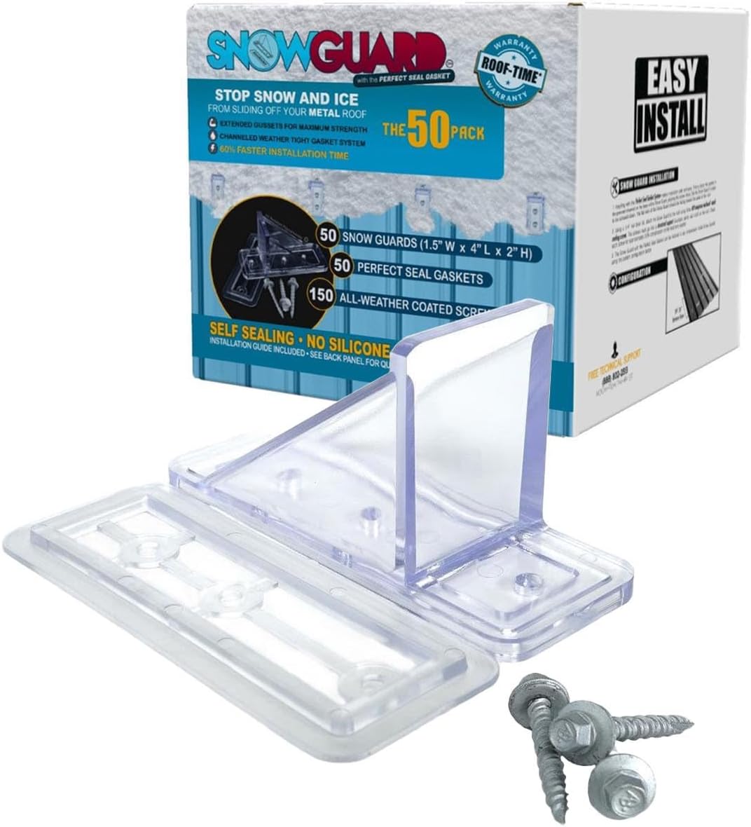 50 Pack Snow Guards for Metal Roofs – with Perfect Seal Gaskets & Screws – Heavy-Duty Polycarbonate Snow Stops Prevent Sliding Snow & Ice –