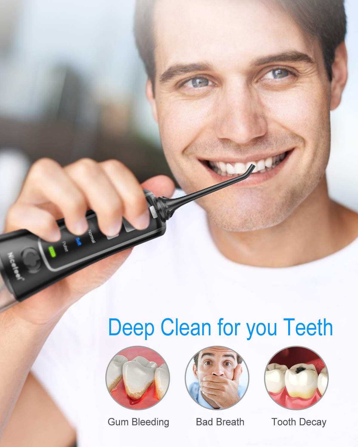 Nicefeel Cordless and Rechargeable Water Flosser - 300ML Water Tank Oral Irrigator, 4 Jet Tips
